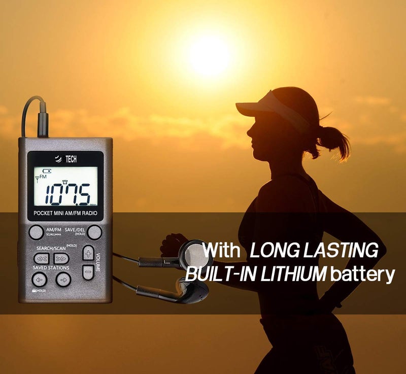 BTECH راديو شخصي BTECH MPR-AF1 AM FM مع نوعين من سماعات الستيريو، ساعة، استقبال ممتاز وعمر بطارية طويل، راديو ووكمان ميني جيب مع سماعات (فضي) - Image 3